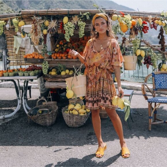 Spell & the Gypsy Collective Buttercup Mini Dress Sunrise Caramel Belted Small - Picture 3 of 16